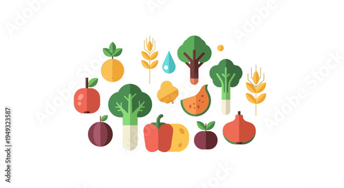 Colorful Flat Design Illustration of Healthy Fruits, Vegetables, and Organic Farm Produce for Nutrition and Sustainable Living