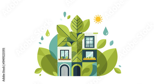 Eco-Friendly Sustainable House with Green Leaves and Sunlight – Modern Green Living and Environment Concept