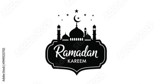 Ramadan kareem greeting with a mosque and crescent moon silhouette