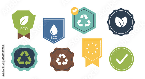 Eco-Friendly & Sustainable Badges Set: Recycling, Nature, Water, Sun Icons for Environmental Protection & Green Design