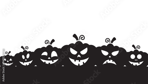 Pumpkins with diverse scary faces and swirls on stems silhouetted in black against a white background for Halloween.