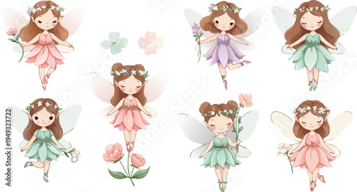 Seven cute cartoon fairy girls in different colorful dresses and hairstyles