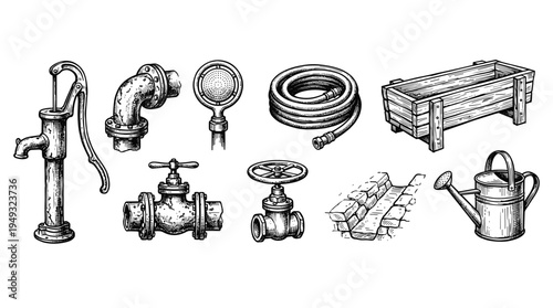 A collection of vintage engraved illustrations of plumbing and gardening water equipment is displayed on a white background.
