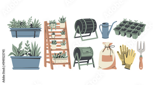 A set of modern, flat-style illustrations of gardening supplies, including planters, compost bins, and tools, is shown on a white background.