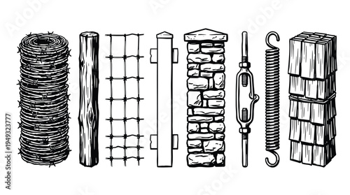 A set of black and white illustrations displays various types of fencing materials like barbed wire, posts, and a stone pillar.