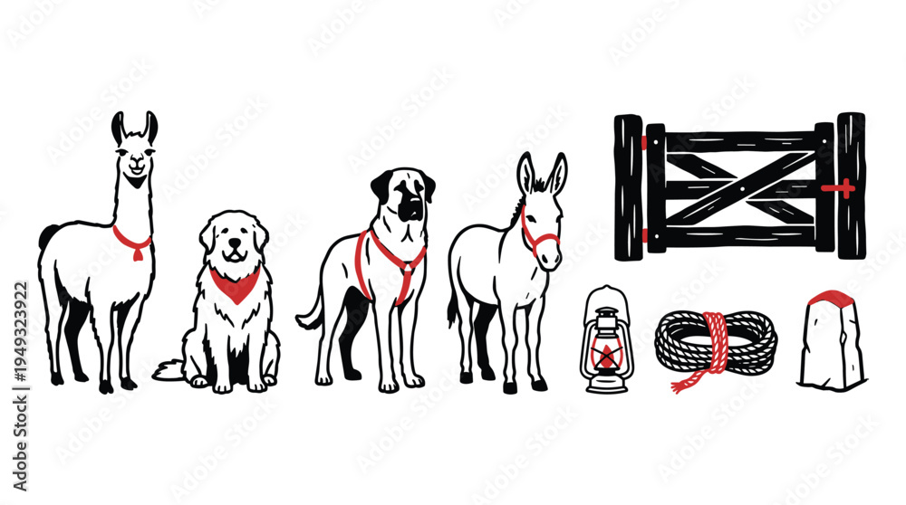 Fototapeta premium A set of hand-drawn illustrations featuring a llama, dogs, a donkey, and rustic equipment is displayed against a white background with red accents.