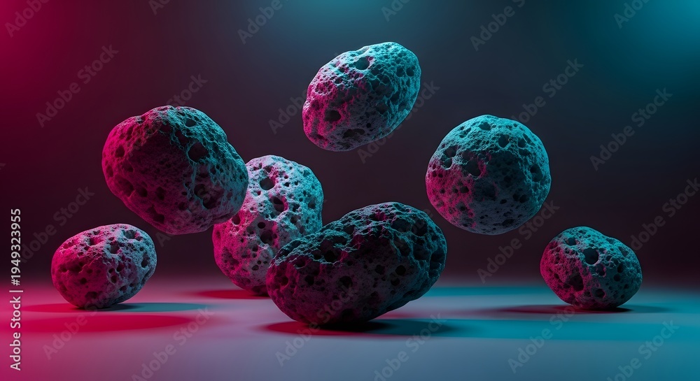 Naklejka premium Abstract 3D Render of Floating Asteroids in Neon Light