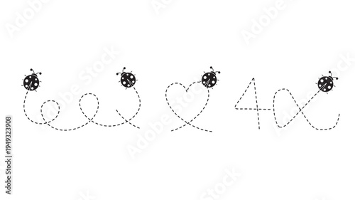 Ladybugs drawing dashed lines in the shapes of swirls, a heart, and numbers on a white background. featuring ladybug, ladybird, insect with bug and