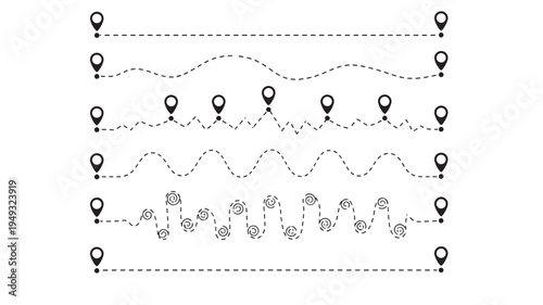 Location pins and dotted lines illustrate various path options from straight to wavy and spiral routes.