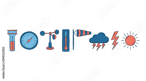 A set of eight colorful, hand-drawn weather and meteorology icons is arranged horizontally on a white isolated background.
