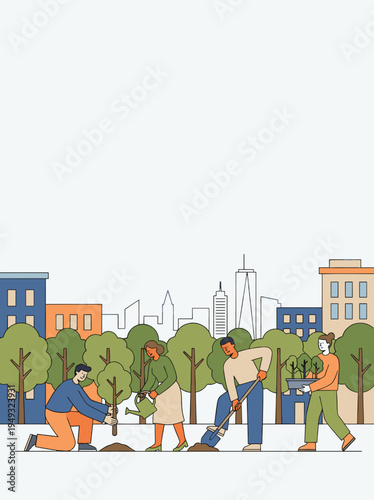 Group of people planting trees in a city park with a positive attitude