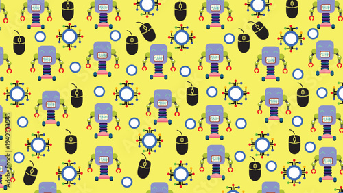 Cute Robot Seamless Pattern. Fun repeating pattern with colorful robots perfect for kids designs, tech themes, and educational graphics. 