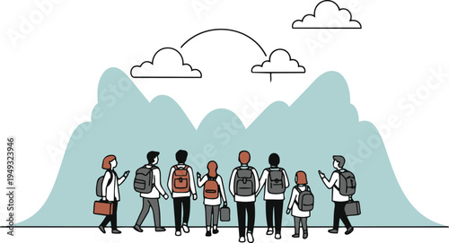 Group of people hiking in mountains with backpacks and luggage trekking