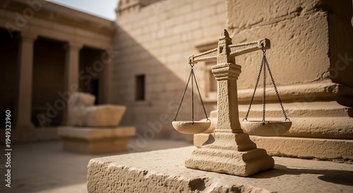 Stone scales of justice stand before an ancient, sunlit structure