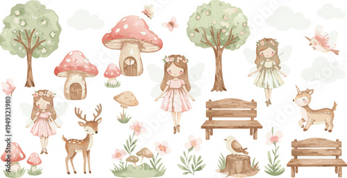 Whimsical forest scene with animals trees mushrooms and benches in a natural setting