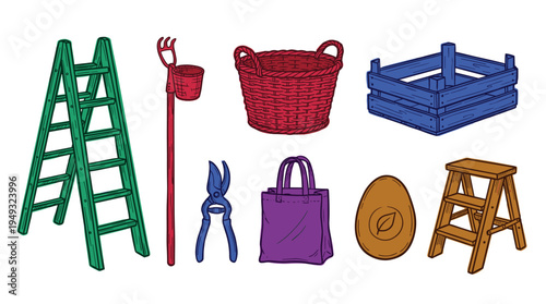 A colorful collection of eight hand-drawn gardening and harvesting tools, including a ladder and basket, is displayed on a white background.
