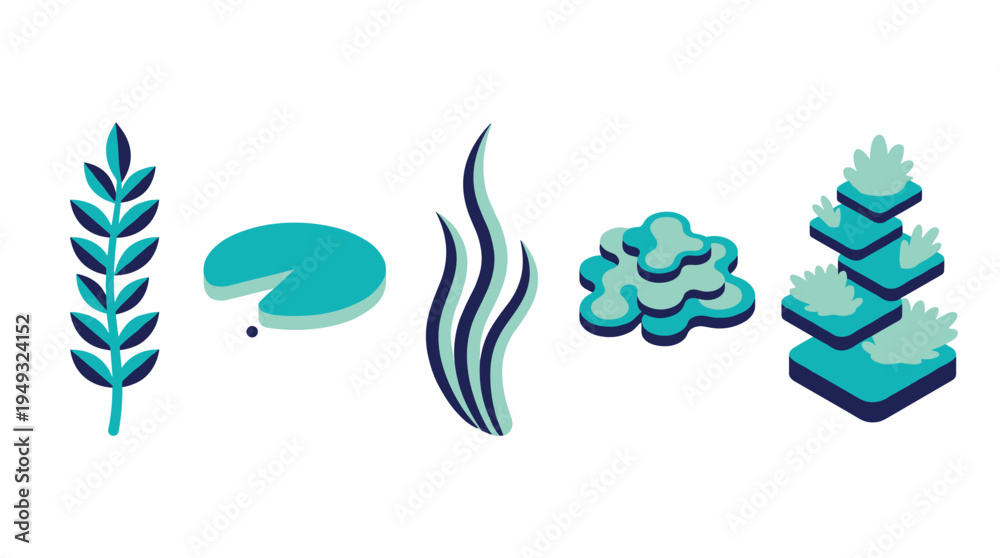 Fototapeta premium A minimal set of five stylized aquatic plant and algae icons is displayed on a white background.