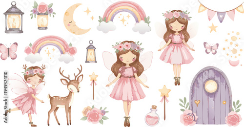 Whimsical illustration of girls flowers animals and magical objects in pastel colors for kids