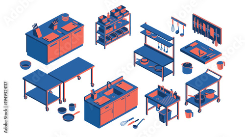 An isometric set of professional restaurant kitchen furniture and equipment is shown on a white background.