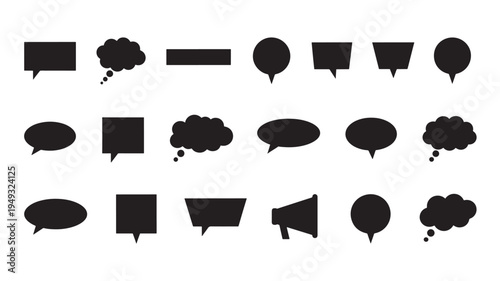 Speech bubbles and thought clouds collection in various shapes and styles with black solid fills on a white background for communication concepts.