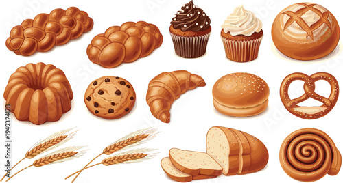 Bakery products collection with bread croissant cookie cupcake pretzel bun wheat and sweet pastry vector illustration set