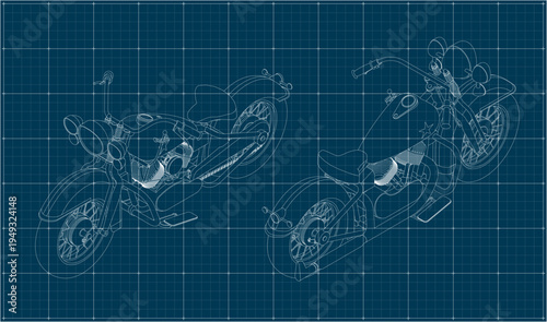 Classic American motorcycle. Chopper in 
two projections. Old motorcycle blueprint
