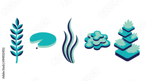 A minimal set of five stylized aquatic plant and algae icons is displayed on a white background.