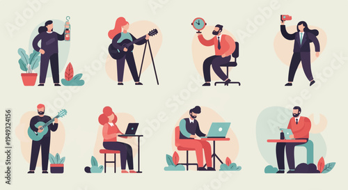 Diverse individuals engaged in various activities, from work to hobbies, depicted flat style