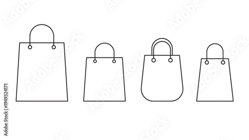 Shopping bags outline with handles in varying sizes, presented in a clean, minimalist linear art style on a white background.