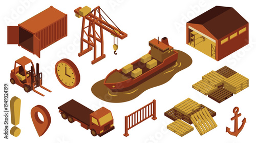An isometric set of port and harbor logistics icons is shown in a warm color scheme.