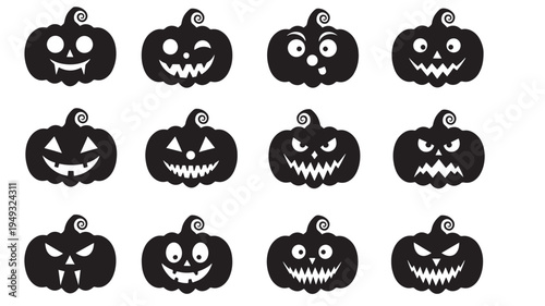 Pumpkins illustrated set with various carved faces and spooky Halloween expressions in black silhouette style.