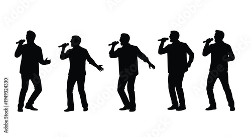 Five male singers performing with microphones a striking silhouette