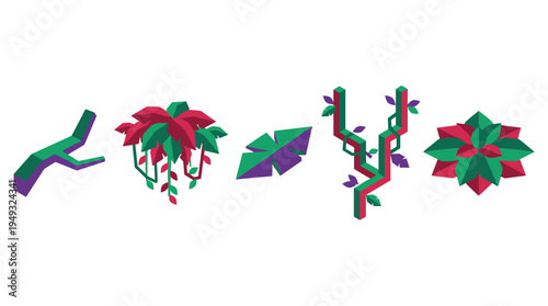 A small collection of five stylized isometric jungle plants with colorful leaves is displayed against a plain white background.