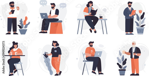 Diverse individuals engage in modern activities like working, reading, and drinking