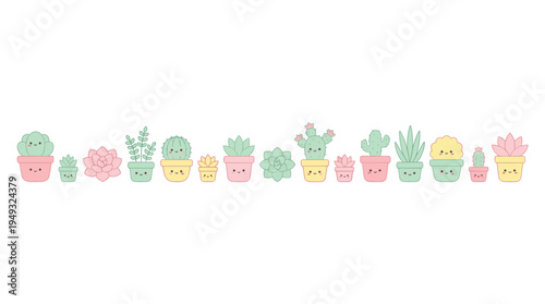 A charming lineup of cute kawaii cacti and succulents with smiling faces in colorful pots is arranged in a row.