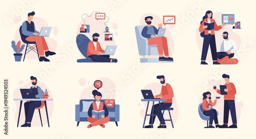 Diverse individuals engage in remote work, study, and creative pursuits