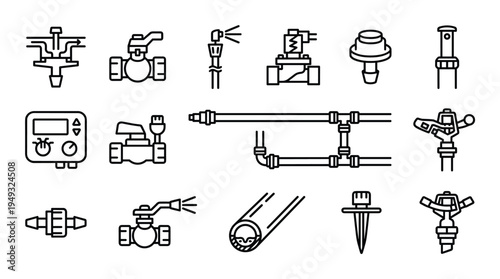 A collection of fifteen line art icons depicts various components for a garden irrigation and sprinkler system.