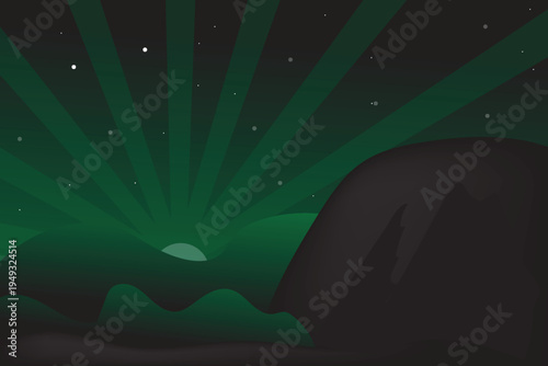Nature cloud minimalist vector illustration of a landscape, hills, and a large rock formation against a dark green sky, with a starry night effect