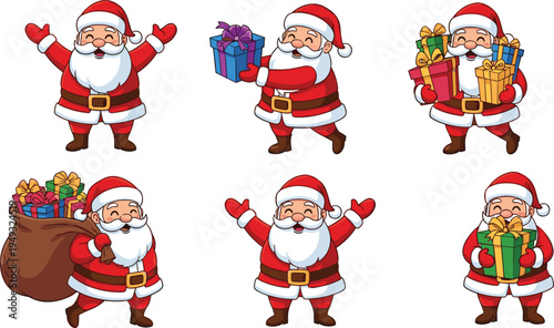 Santa Claus characters collection holding gifts sack and presents Christmas holiday cartoon vector illustration set
