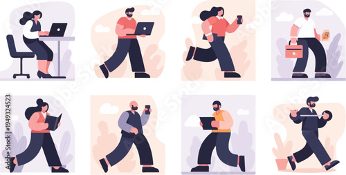 Diverse individuals engaged in various activities, from work to leisure and fitness