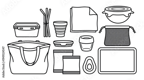 A set of thirteen line art icons representing various reusable and zero-waste products is arranged on a white background.