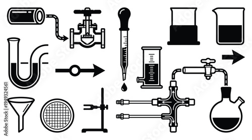 A collection of thirteen black silhouette icons shows various pieces of chemistry lab and industrial processing equipment.