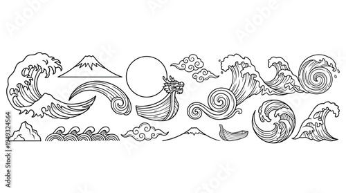 A diverse set of traditional Japanese ukiyo-e style line drawings featuring waves, Mount Fuji, clouds, and a dragon boat.