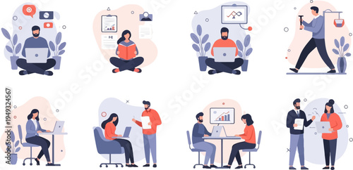 Diverse individuals engage in varied work and learning activities