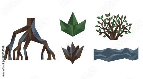 A set of five low-poly style vector illustrations depicts various natural elements like roots, leaves, a bush, and rocks.