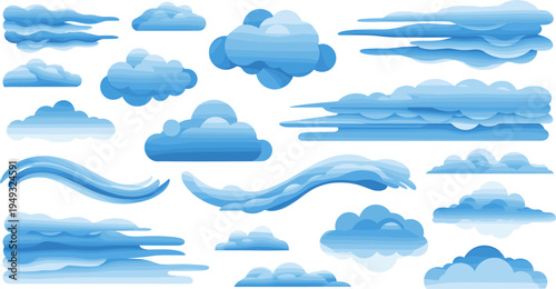 Blue Sky Cloud Illustration Set with Soft Cartoon Clouds, Wind Waves and Atmospheric Weather Elements for Nature Backgrounds and Landscape Designs