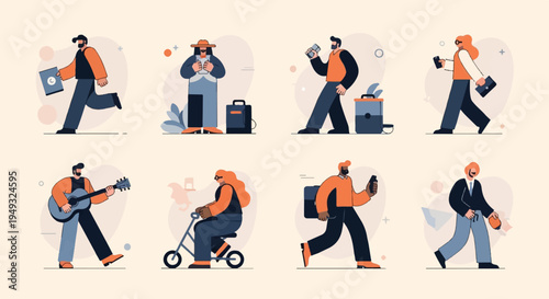 Diverse individuals engage in various activities and pursuits, showcasing modern life