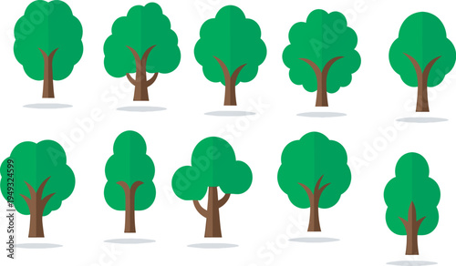 Cartoon trees with different brown trunks and green leaves on white background