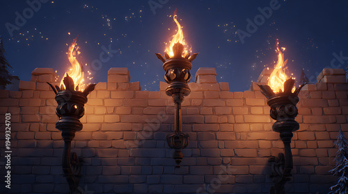 Three torches on a castle wall at night with flames burning brightly