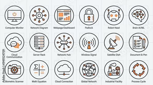 Technology Data Communication Vector Icon Set Featuring Computer Monitor, Network Nodes, Webpage Layout, Security Padlock, Cloud Chat, Server Rack, Wi-Fi Signal, Satellite Dish, Globe, Industrial 